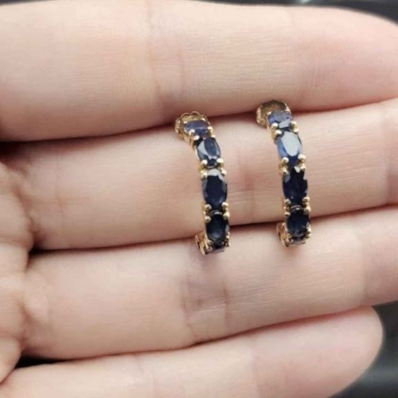 14k solid yellow gold earrings with blue sapphire 3g Hoop Earrings - Picture 3 of 7